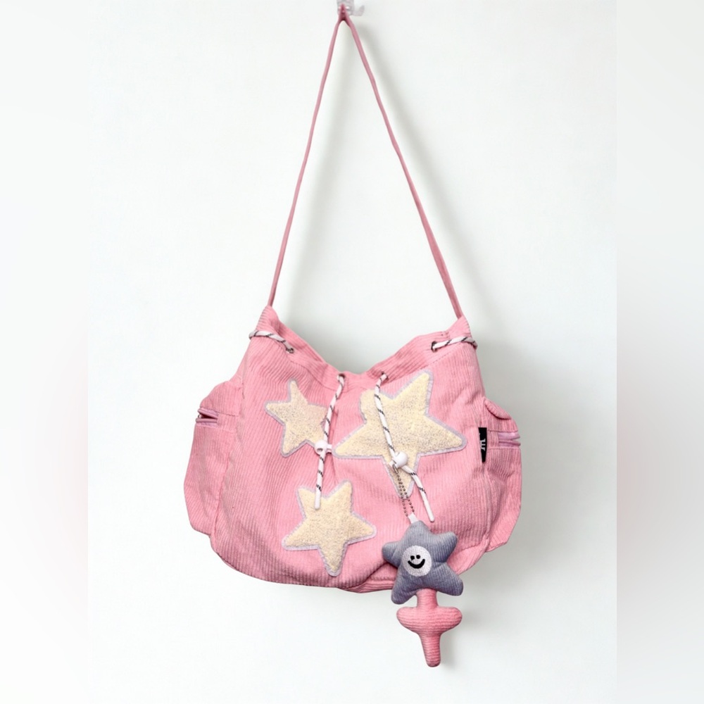 Pink Star Appliqué Corduroy Shoulder Bag Kawaii Tote - Picture 4 of 6